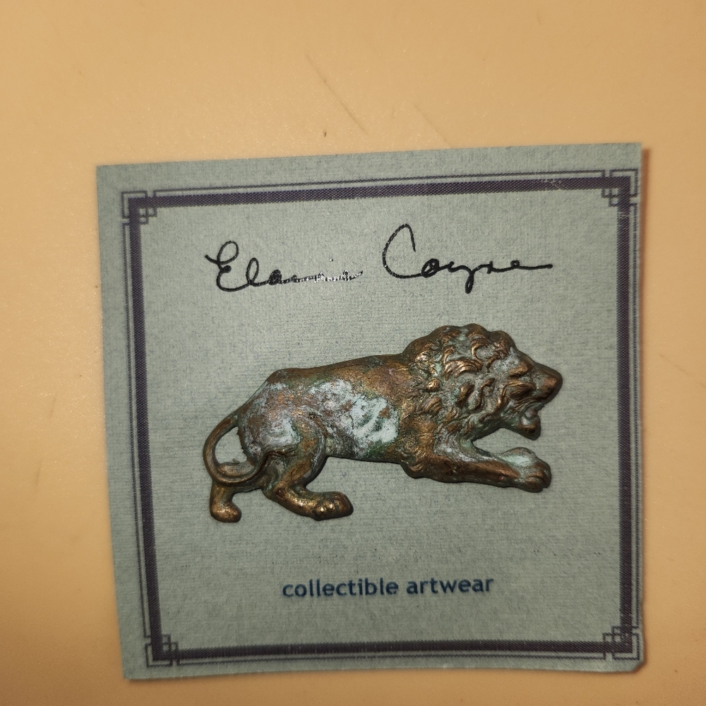 NEW Vintage Signed Elaine Coyne Verdigris Patina Brass lion pin brooch handmade